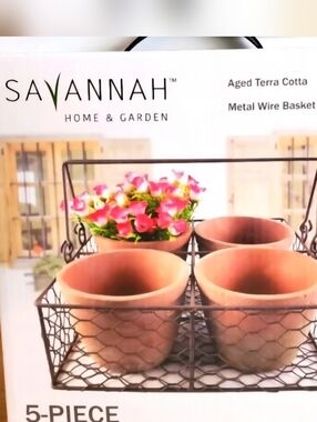 Savannah 5 Piece Terra Cotta Planters & Wire Basket